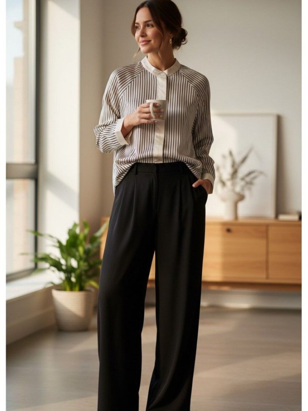 H&M Wide-cut Blouse Long Line Black & Cream Concealed Buttons Old Money Quiet Lu